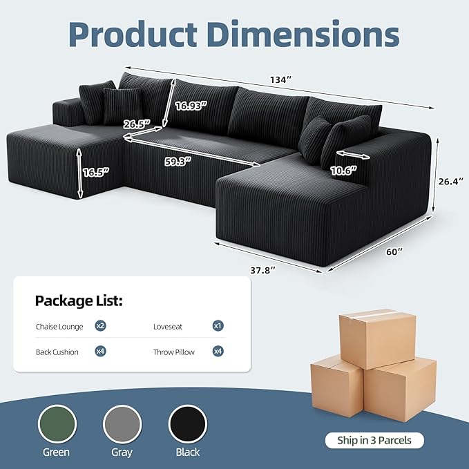 Cloud Couch U-Shaped Sectional Sofa 134'' Modular Boneless Couches for Living Room Corduroy Deep Seat Sofa with 2 Chaise Lounges and 1 Loveseat 30D High-Resilience Foam No Assembly Black