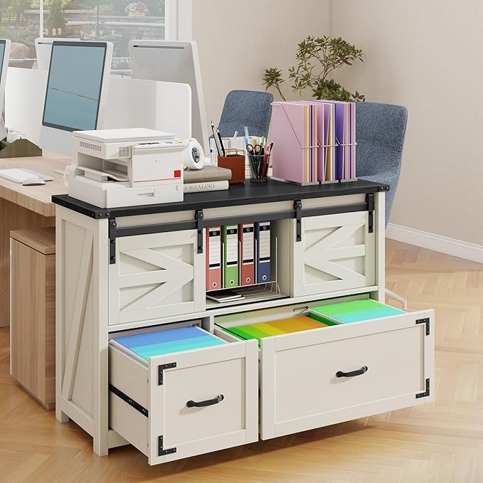 Vabches Farmhouse Filing Cabinet with 2 Drawer for Home OfficeFiling Organization Storage Cabinets for Hanging Files Letter/Legal/F4/A4Lateral File Cabinets 2 Drawer with Sliding Barn Doors.Black