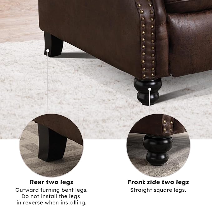 Push Back Recliner Chair Faux Leather Lounge Armchair with Rivet Decoration Wingback Single Sofa Chair with Padded Seat Solid Wood Legs for Living Room Comfy Upholstered Set of 2 Red Brown