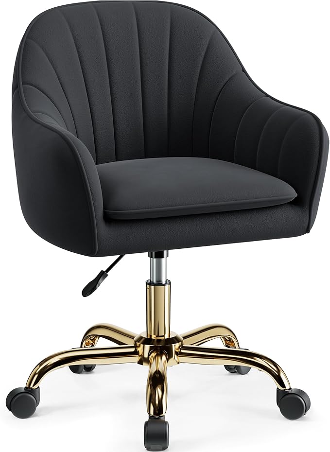 Vanity Chair with Wheels Comfy Home Office Desk Chairs Adjustable Modern Velvet Makeup Vanity Chairs for Bedroom Living Room-Black