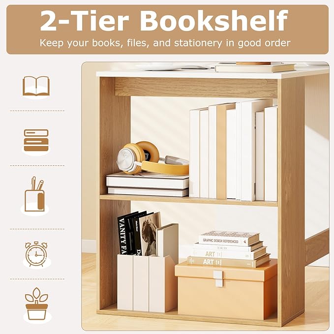 Giantex Small Desk with Bookshelf 44 Inch Modern Computer Desk for Small Spaces Laptop PC Desk Vanity Table for Bedroom Study Writing Desk for Home Office (White+Natural)