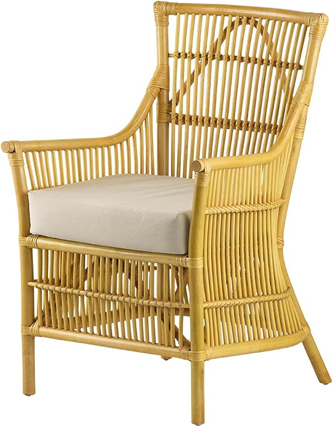A and B Home 37.8 H Yellow and White Rattan Indoor Arm Chair w/Soft Thick Cushion Traditional Style Chair Side Chair