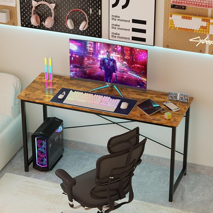 Sweetcrispy Small Computer Desk63 Inch Office Writing Work Desk with Metal Frame Wooden Tabletop Student Study Home Bedroom Table with X-Shaped Reinforcement Brown