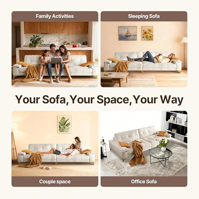 104.7 sectional Couch mid-Century Modern 4-Seater Comfy Cloud Couch for Living Room Office Button Tufted upholstered Metal Legs Sofa Sturdy loveseat (Beige 104.7 Inch)