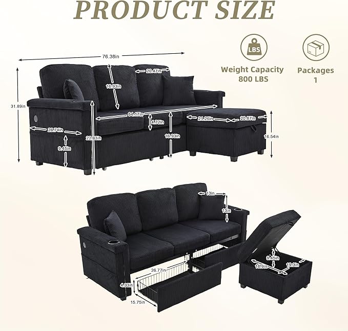 76.8 L-Shaped Sleeper Sofa with Storage Ottoman USB Ports Cup Holders&ampLED Lights Side Pockets Comfy Corduroy Modern 3-Seater Small Couch Bed for Living Room with 2 Throw Pillows (Black)