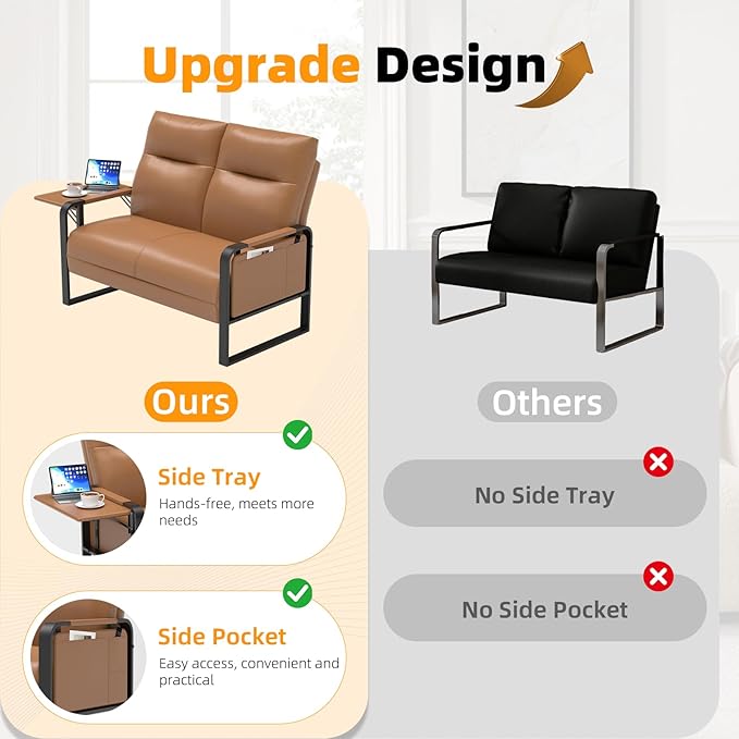 Modern Leather Loveseat Small Sofa with Side Tray &amp Pocket Upholstered Mini Couch for Living Room Office Guest Room Brown