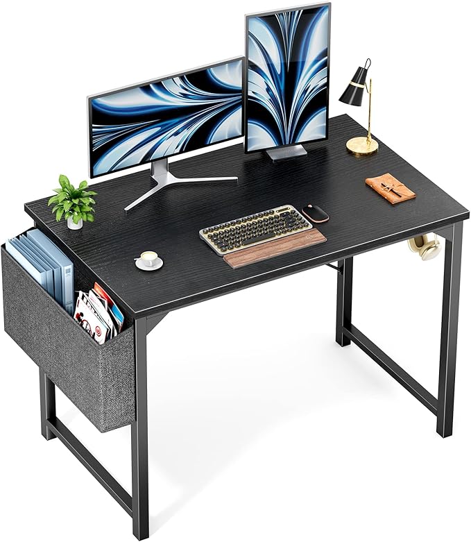 Sweetcrispy Small Computer Office Desk 40 Inch Kids Student Study Writing Work with Storage Bag &amp Headphone Hooks Modern Simple Home Bedroom PC Table - Black