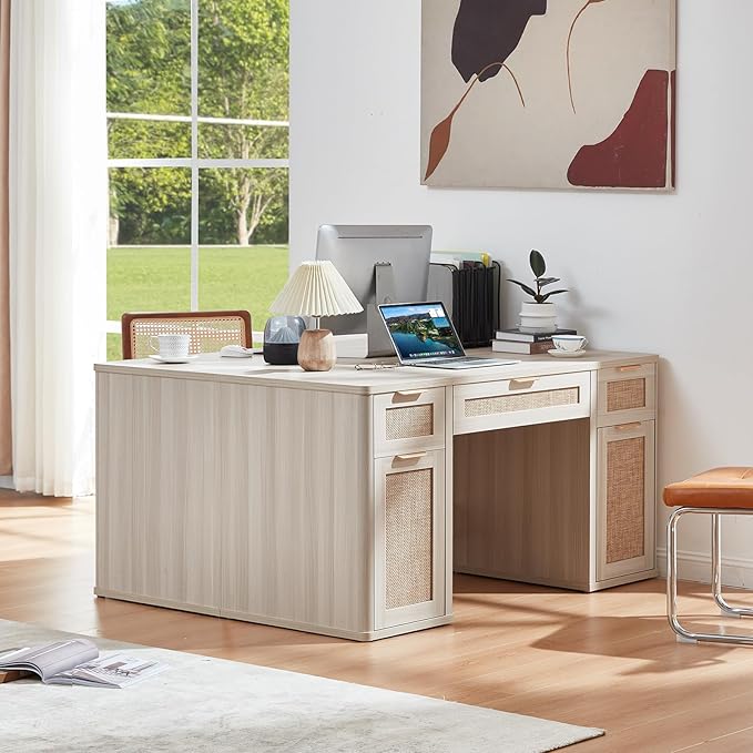 LEYAOYAO Office Desk 56 with 5 Drawers Storage File Cabinet Rattan Wood Desk for Computer Office Bedroom Home Furniture Light Gray