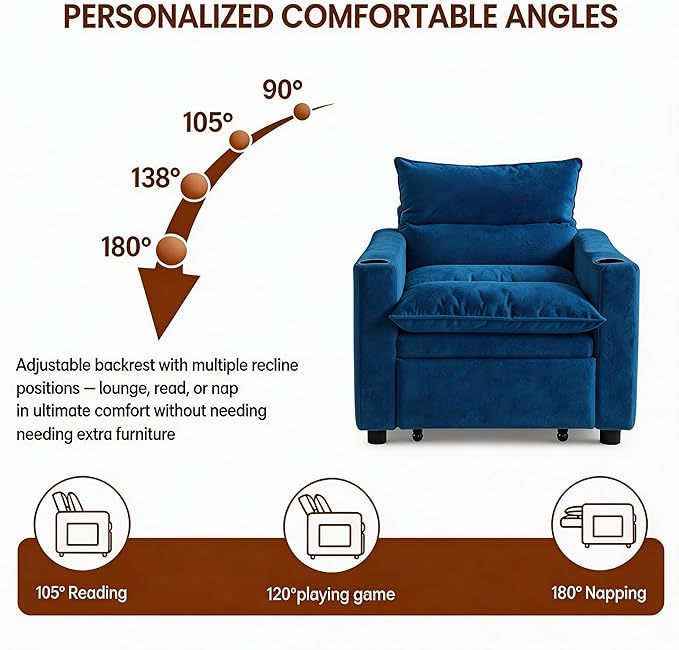 Casaphoria Convertible Sleeper Chair 66.54 Futon Sofa Bed Single Sleeper Sofa Small Couch Bed with Adjustable Backrest for College Dorm Bedroom Studio Apartment