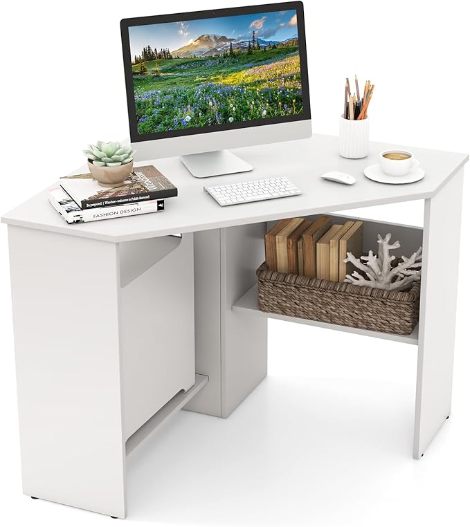 HOMGX Corner Computer Desk Triangle Desk with Storage Shelves Small Corner Desk for Small Spaces Corner Vanity Desk for Home Bedroom Living Room Office (White)
