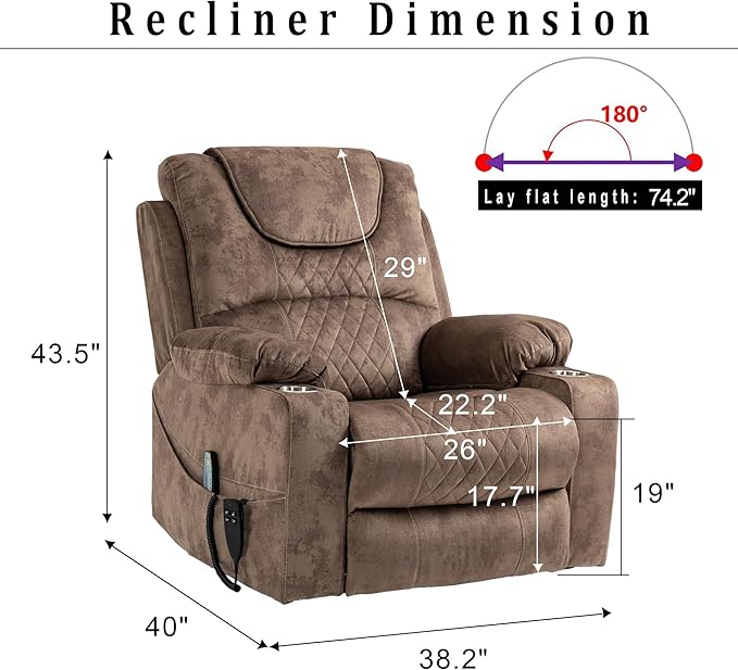Large Power Lift Recliner Chair Sofa with Massage and Heat for Big and Tall ElderlyInfinite PositionsDual MotorCup HoldersExtended FootrestVelvet Home Theater Seat
