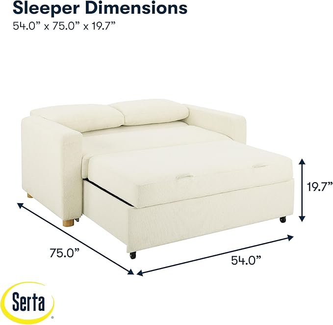 Serta Tulsa 66.1 Convertible Sleeper Loveseat Full Size Dreamcoil Comfort FingerGuard Pinch Point Protection Boucle Fabric Ivory