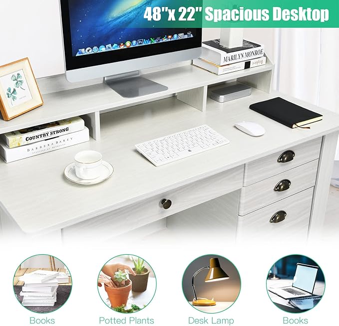 Tangkula White Desk with 4 Storage Drawers &amp Hutch Home Office Computer Vintage Desk Writing Study Table with Storage Shelves Wooden Executive Desk (White)
