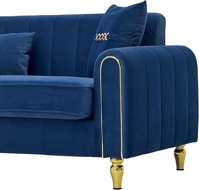 87.5 Modern 3-Seater Velvet Couch with Metal Legs &amp Decorative Pillows High Resilience Sponge Spring Seat Luxury Sectional Loveseat Sofa for Living Room Apartment Small Space Blue