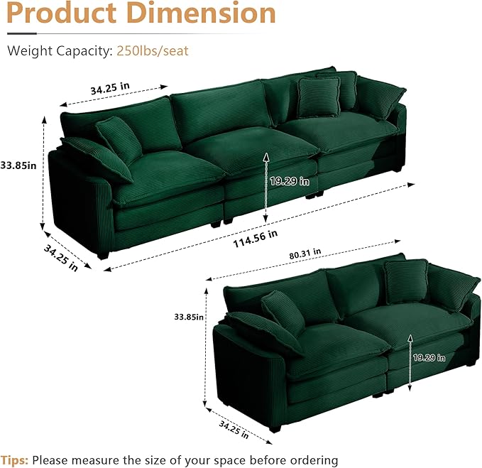 mikibama Luxury 2 Piece Sofa Set 3-Seater &amp Loveseat Couch Set Modern Corduroy Comfy Cloud Couches Set for Living Room Office with 4 Armrest Pillows and 5 Toss Pillows Green