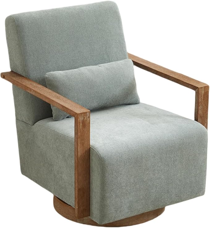 Swivel Modern Upholstered Accent Chair with Solid Wood Armrests and 360 Degree Comfy Lounge Reading Chair Side Armchair for Hotel Bedroom Living Room Office and Nursery Room (Pale Green)