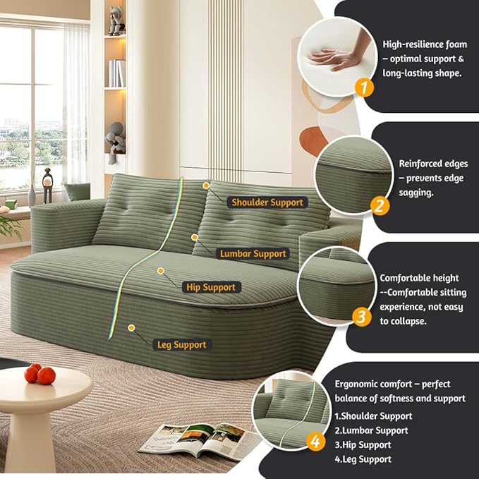 78.7 Convertible Foldable Sofa Bed with Functional Blanket and 2 Soft Pillows 2-in-1 Corduroy Fabric Loveseat Sofa Couch with Deep Seat Curved Sleeper Couch Bed for Living Room (Green)
