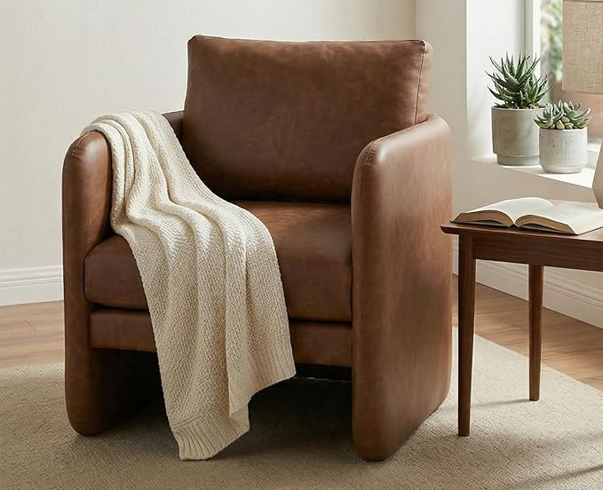 Modern Accent Barrel Chair Single Sofa Chair with Removable Back Pillow Comfy Pu Leather Upholstered Reading Accent Chair Lounge Armchair for Bedroom Living Room Brown