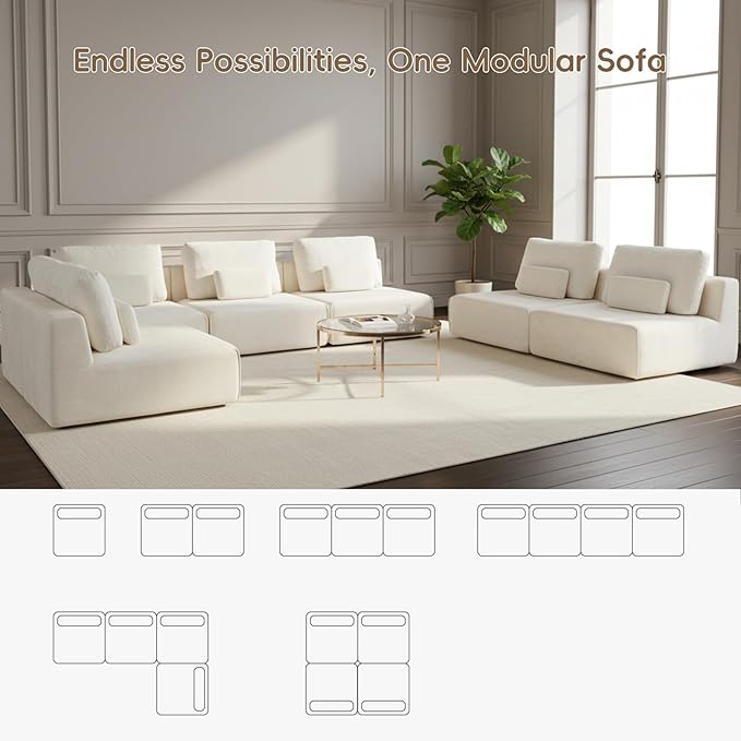 Modular Sectional Sofa Couch Plush Velvet Boneless Single Sofa Cozy Chair Flexible Convertible for Living Room &amp Small Spaces Deep-Seat No-Assembly 1-Piece