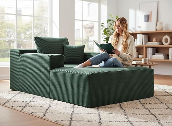 Monroe Convertible Chaise Lounge Chair Indoor – Oversized Corduroy Couch with Wide Armrest &amp Throw Pillows Cozy Boneless Sleeper Sofa Bed Armchair Dark Green