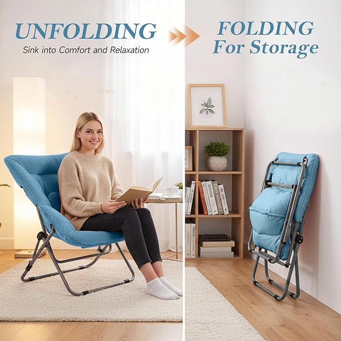 Saucer Chair Comfy Bedroom Chairs Oversized Folding Faux Fur Chair Foldable Metal Frame Chair for Bedroom Living Room Balcony Patio (Blue)