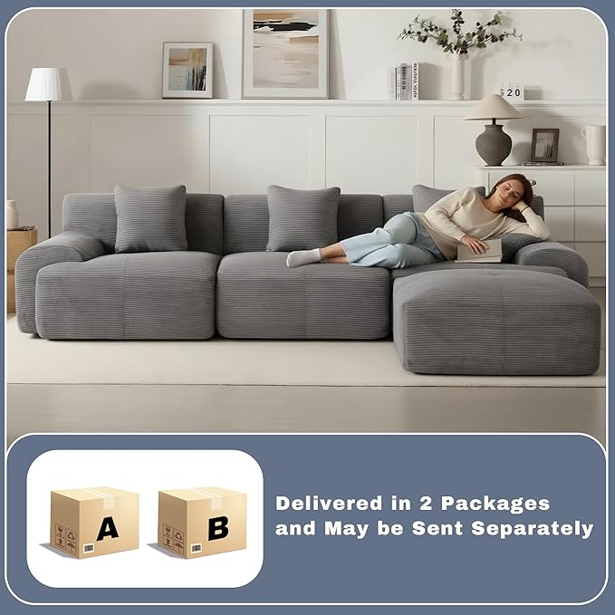 107 Cloud Modular Sectional CouchBoneless Sofa with OttmanL-Shape Upholstered Sofas with Deep SeatModern Cozy Corduroy Couches with Memory FoamNo Assembly Required (Dark Grey)