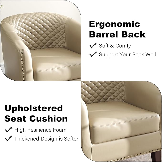 Accent Barrel Chair Upholstered Faux Leather Club Chair with Nailed Trim Comfy Reading Armchair for Living Room Bedroom Reception Room Office (Beige Set of 2)