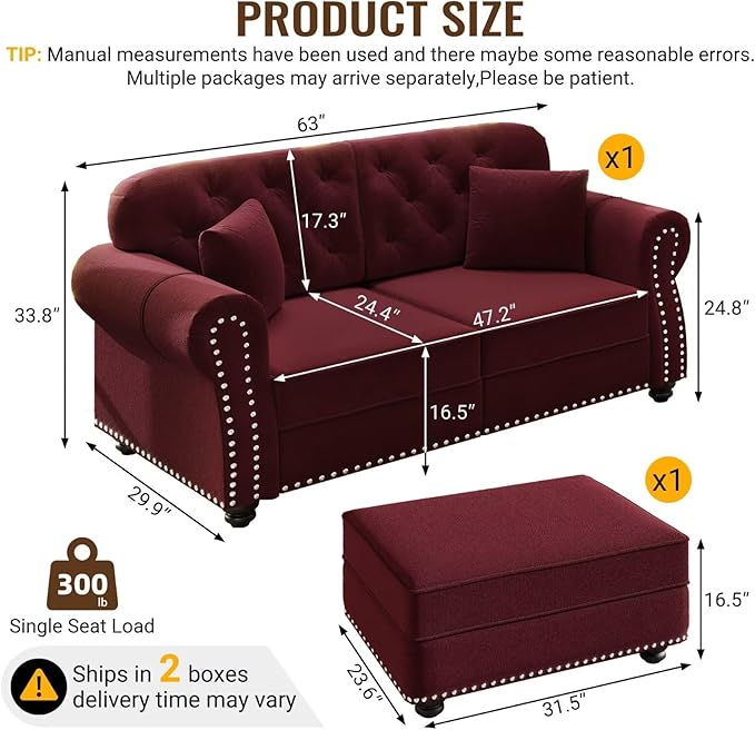 63 Compact Velvet Sofa with Ottoman Mid-Century Modern Tufted Couch with Nailhead Trim &amp Rolled Arms Includes 2 Decorative Pillows Burgundy Upholstered Seating for Living Room