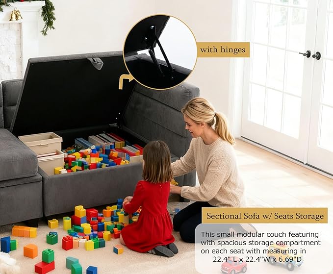 asunflower Modular Sectional Small Couch with Storage Seats 3 Seater Couch with Ottoman Storage L Shaped Sectional Sofa for Small Spaces with Reclining Arms and BacksPillows Included Dark Gray
