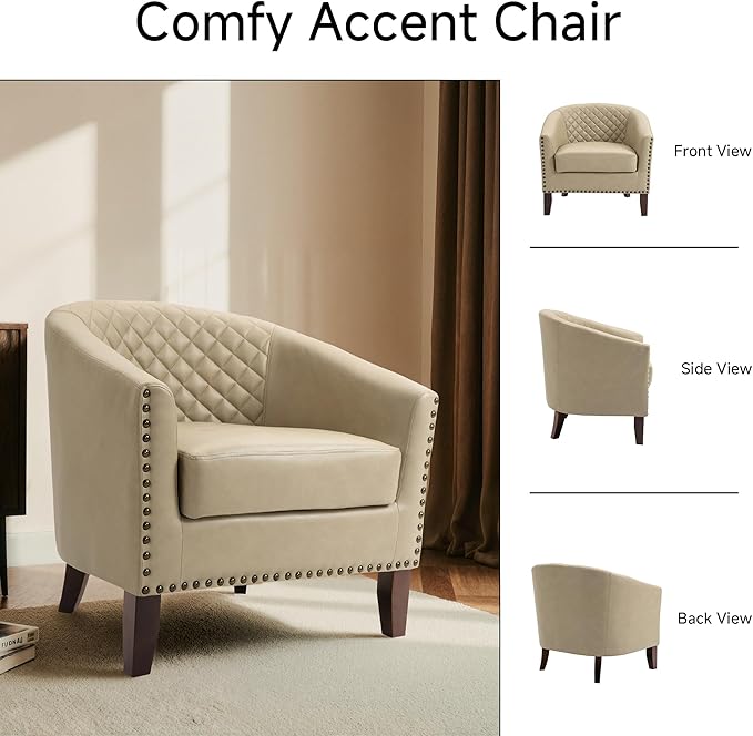 Faux Leather Accent Chairs Set of 2 Upholstered Barrel Club Chair for Living Room Comfy Round Armchair with Nailed Trim for Bedroom Office-Beige