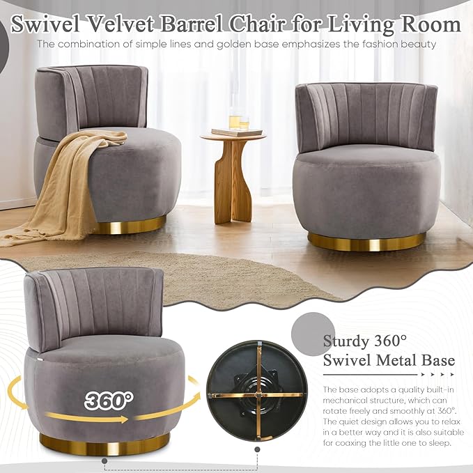 Velvet Swivel Barrel Chair Modern Upholstered Accent Chair 360° Swivel Round Lounge Chair with Gold Metal Base Comfy Arm Chair Sherpa Chair for Nursery Living Room Bedroom Club Office Gray