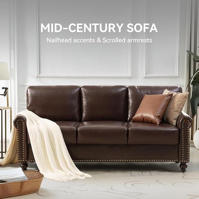 80 Faux Leather Sofa with Storage Mid-Century Modern Rolled Arm Couches for Living Room Furniture Nailhead Trim Easy Tool-Free Assembly Dark Brown