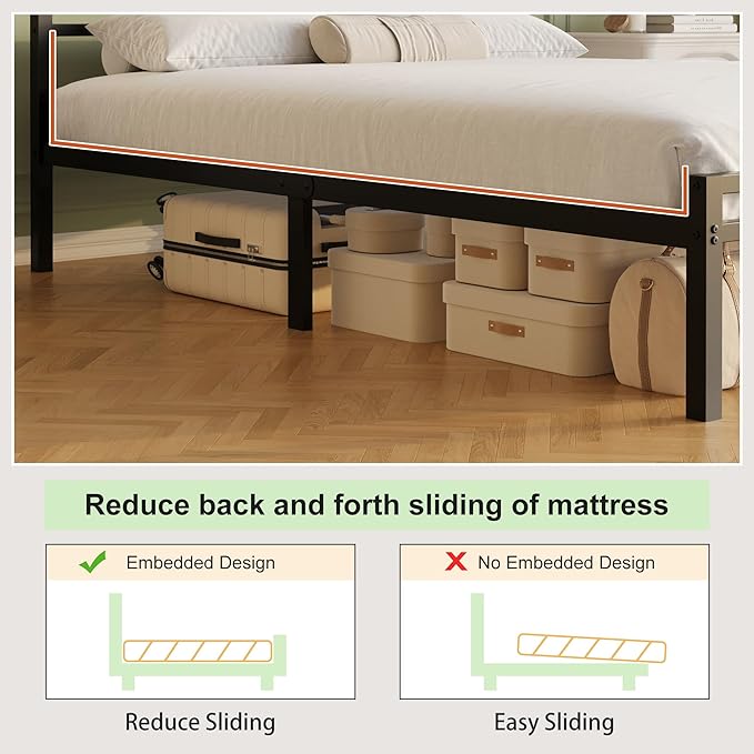 12 Inch King Size Bed Frame with Headboard and Footboard Classic Metal Platform King Bed Frame Under Bed Storage No Box Spring Needed Easy Assembly Noise Free Black