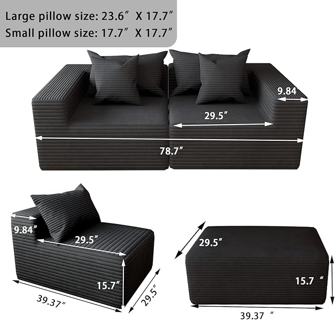 Modular Sectional Sofa CouchOversized Cloud with Deep Seat CouchesBoneless Compression Foam Sofa with Pillows for Living Room/Apartment/Bedroom (Grey 4 Seater with 1 Ottoman)