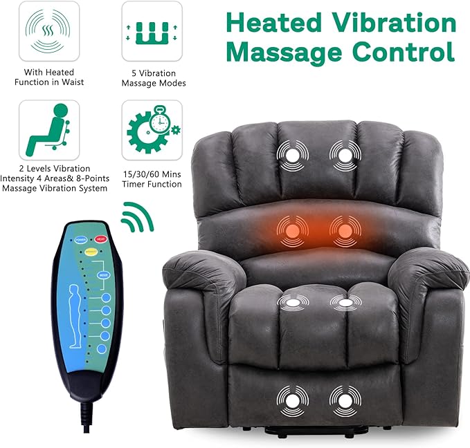 VIVIJASON Large Power Lift Chair Electric Recliner with Heat &amp Massage for Elderly Big People Heavy Duty and Safety Motion Wide Recliners with 2 Remote Controls Side Pockets &amp USB Ports Gra