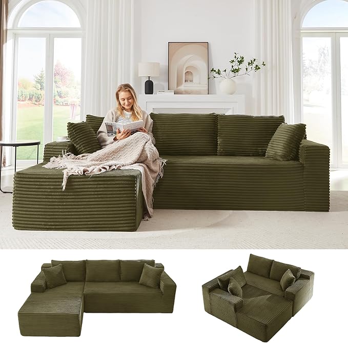 Cloud Sectional Couch with L-Shape Chaise105 Modern Minimalist Modular Sectional Sofa Fluffy Corduroy Upholstered Couches for Living Room No Assembly Required (Green Left Facing Chaise)