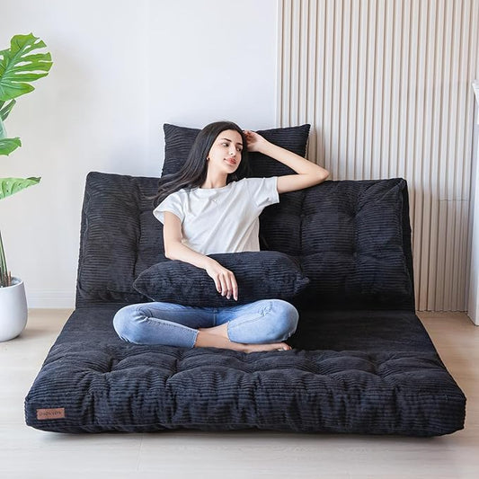 MAXYOYO Folding Sofa Bed Tufted Bean Bag Bed with Pillows Floor Mattress for Adults Extra Thick and Long Floor Sofa Twin Couch for Bedroom Living Room Black 39x91 Inch