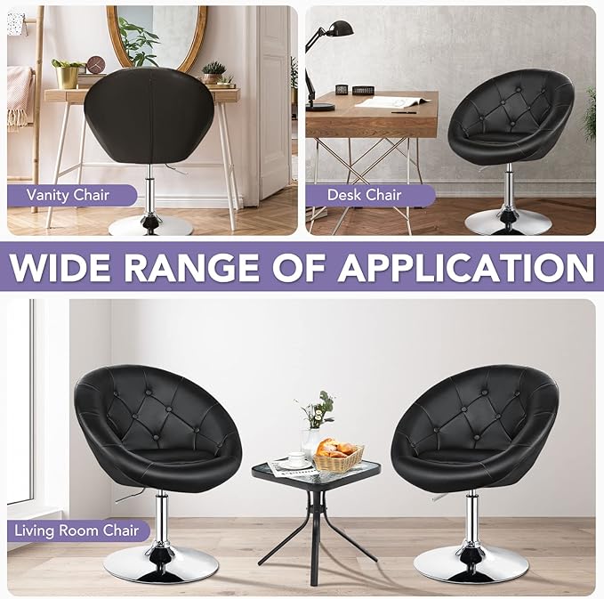 KOTEK Swivel Vanity Chair Height Adjustable Swivel Accent Chair w/Chrome Frame Modern Round Tufted Makeup Chair for Living Room Bedroom Lounge (1 Black)