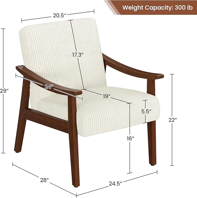 Yaheetech Corduroy Accent Chair Mid-Century Modern Armchair with Solid Wood Legs Reading Leisure Chair with High Back for Living Room Bedroom Waiting Room Set of 2 Beige