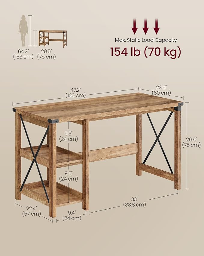 VASAGLE Computer Desk Home Office Desk with Storage Shelves on Right or Left Farmhouse for Work Study Gaming Writing 23.6 x 47.2 x 29.5 Inches Honey Brown ULWDAM090T41
