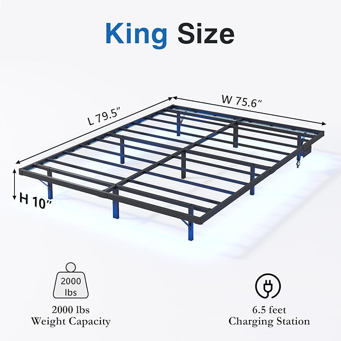 King Size Floating Bed Frame with LED Lights and Charging Station - 10 inch Platform Bed Frame No Box Spring Needed Easy Assembly