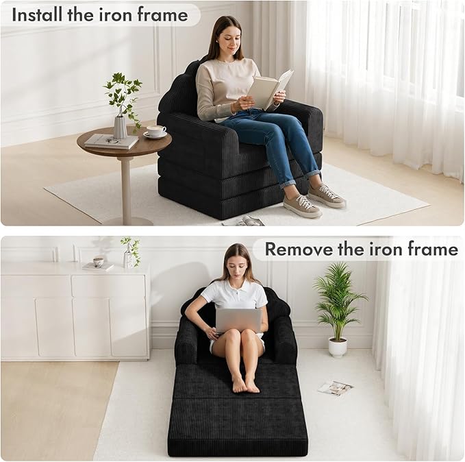 2-in-1 Folding Sofa Bed with Back Support 75 D x 34 W Convertible Futon Sleeper Chair for Adult Fold Out Bean Bag Floor Foam Lounger Couch for Living Room Bedroom Small Space Black