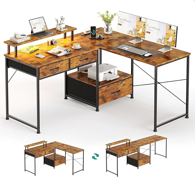 L Shaped Computer Desk 78.7 Reversible Home Office Desk with Printer Storage Shelf &amp 3 Fabric Drawers Two Person Desk with LED Lights &amp Power Outlet Corner Gaming Desk with Monitor Shelf