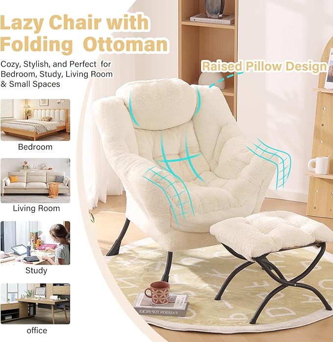 Lazy Chair with Ottoman Modern Accent Chair with Armrests and a Side Pocket Plush Beige Accent Chairs Reading Chairs Oversized Armchairs for Bedroom Study Living Room Courtyard