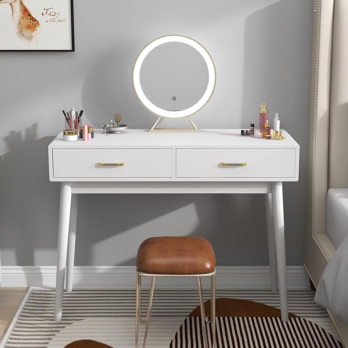 Small White Desk with 2 Drawers Modern Writing Desk for Small Spaces Home Office Desk for Study Laptop Computer Desk for Work Makeup Vanity Table for Bedroom (White)