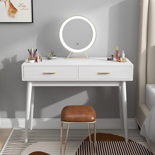 Small White Desk with 2 Drawers Modern Writing Desk for Small Spaces Home Office Desk for Study Laptop Computer Desk for Work Makeup Vanity Table for Bedroom (White)
