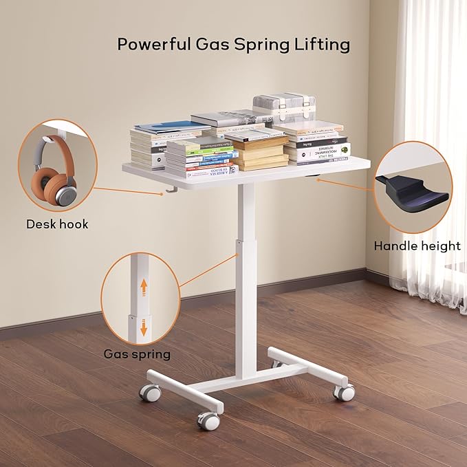Mobile Standing Desk Small Standing Rolling Desk Portable Laptop Desk with Lockable Wheels Computer Workstations Adjustable Height White