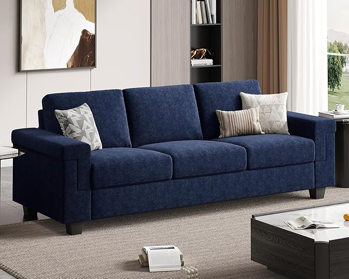 3 Seater Sofa Couch with Deep Seat 90 Modern Upholstered Sofa with Armrests Easy Installation Comfy Couches for Living Room Apartment Blue