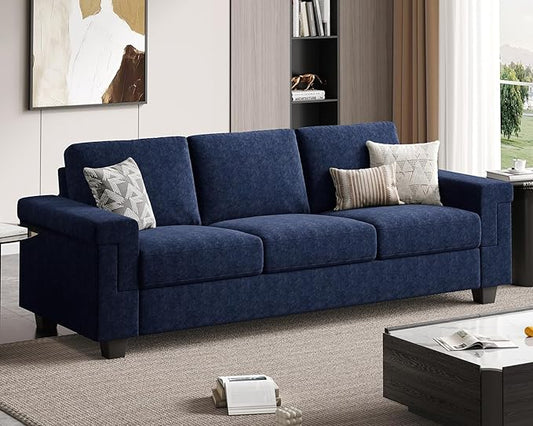3 Seater Sofa Couch with Deep Seat 90 Modern Upholstered Sofa with Armrests Easy Installation Comfy Couches for Living Room Apartment Blue