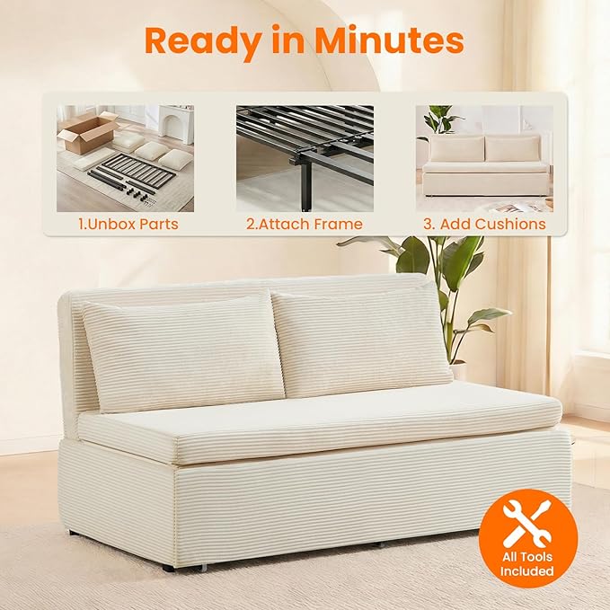 ijuicy 3 in 1 Pull Out Sofa Bed Queen Corduroy Sleeper Sofa with Pullout Bed Convertible Loveseat Couch Beds with Pillows and Tri-fold Mattress for Small Spaces Apartment-Beige